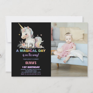 White Unicorn Birthday Invitations with photo