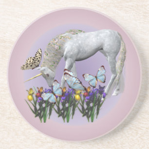 White Unicorn Butterflies Fantasy Drink Coaster