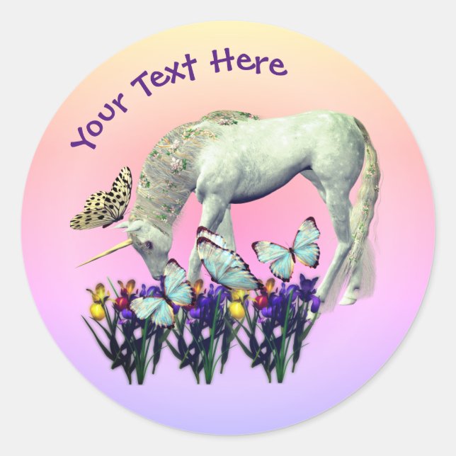 White Unicorn Butterflies Flowers Personalized Classic Round Sticker (Front)