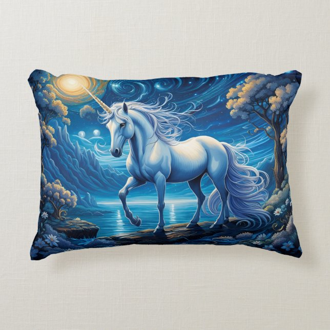 White Unicorn Fantasy Full Moon Accent Pillow (Front)
