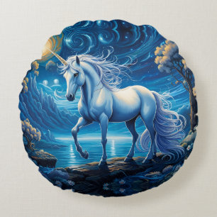 White Unicorn Fantasy Full Moon Round Pillow