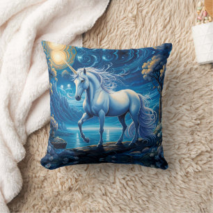 White Unicorn Fantasy Full Moon Throw Pillow