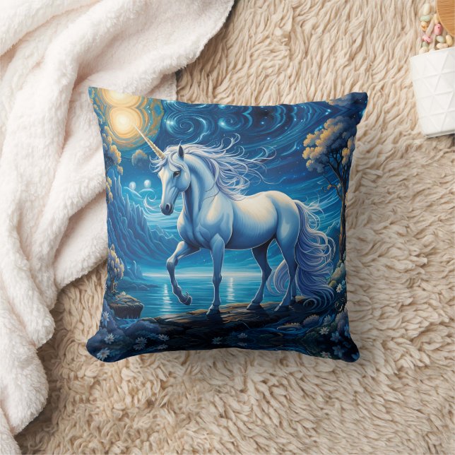 White Unicorn Fantasy Full Moon Throw Pillow (Blanket)