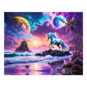 White Unicorn Fantasy Tropical Beach Photo Print
