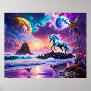 White Unicorn Fantasy Tropical Beach Poster