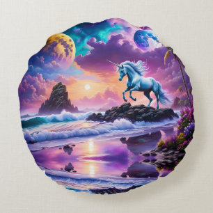 White Unicorn Fantasy Tropical Beach Round Pillow