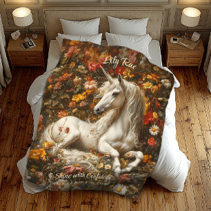 White Unicorn Floral Meadow Fantasy Horse Fleece Blanket