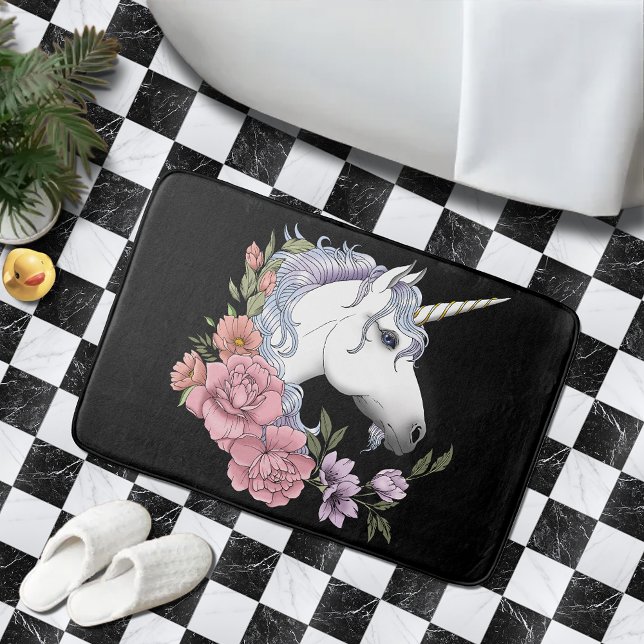 White Unicorn Flowers Pink Black Bath Mat (Creator Uploaded)