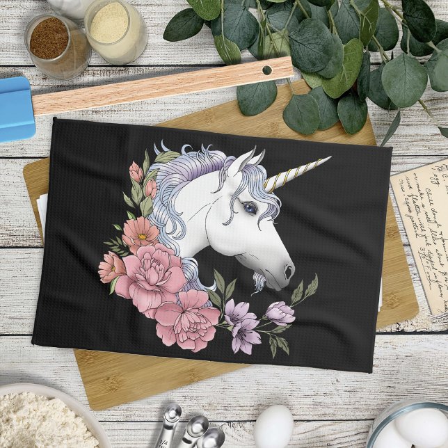 White Unicorn Flowers Pink Black Kitchen Towel (Creator Uploaded)