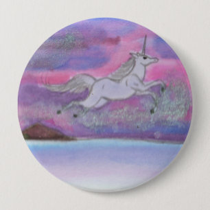 White Unicorn flying above Winter Landscape Night 4 Inch Round Button