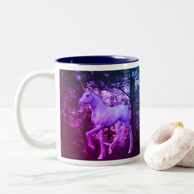 White Unicorn Forest Fantasy Colours Personalized  Two-Tone Coffee Mug (With Donut)
