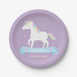 White Unicorn Girls Birthday Purple Party Plates