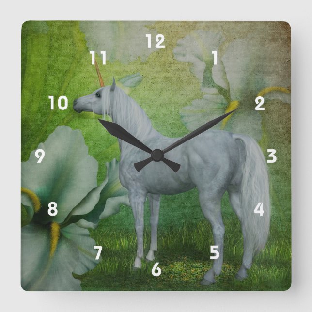 White Unicorn Horse And Flowers Fantasy Art Square Wall Clock (Front)
