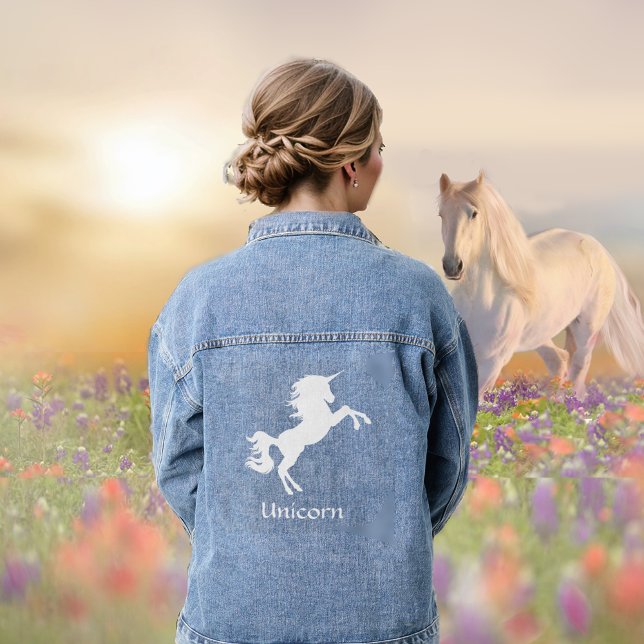 White Unicorn Horse and Typography Denim Jacket (Creator Uploaded)