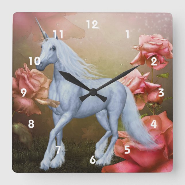 White Unicorn Horse Pink Roses Fantasy Art Square Wall Clock (Front)