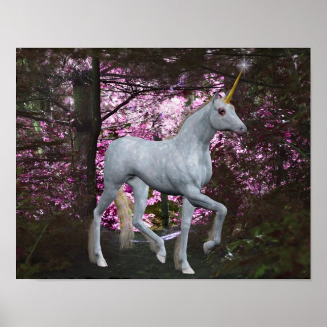 White Unicorn In Forest Fantasy Horse Art Poster (Front)