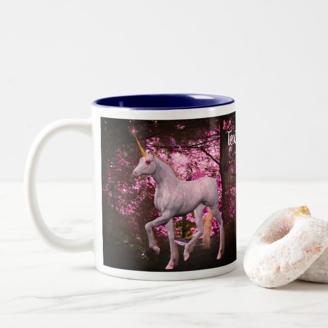White Unicorn In Forest Fantasy Personalized Two-Tone Coffee Mug (With Donut)