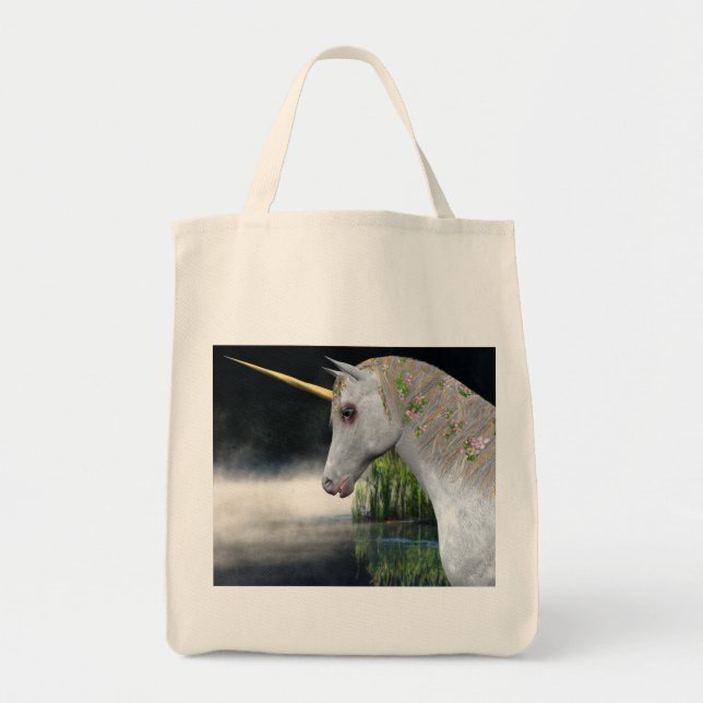 White Unicorn In Mist Fantasy Tote Bag (Front)