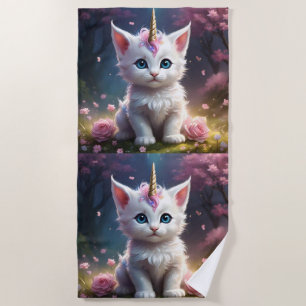 White Unicorn Kitten Acrylic Art,  Beach Towel
