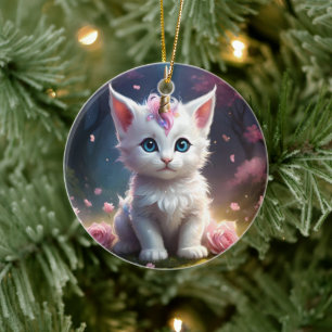 White Unicorn Kitten Acrylic Art, Ceramic Ornament