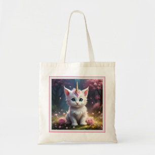 White Unicorn Kitten Acrylic Art, Tote Bag