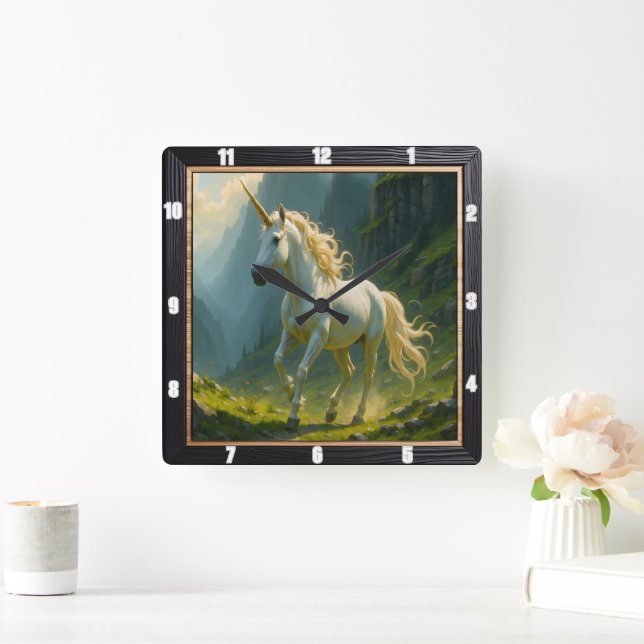 White Unicorn Misty Forest Square Wall Clock (Home)