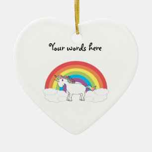 White unicorn on rainbow and clouds ceramic ornament