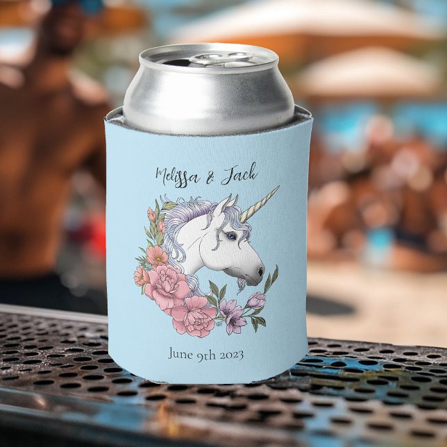 white unicorn Pink flowers Blue Can Cooler (Creator Uploaded)
