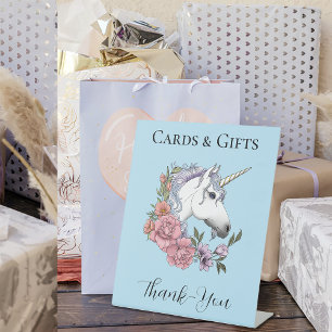 White Unicorn Pink Flowers Blue Cards & Gifts Pedestal Sign