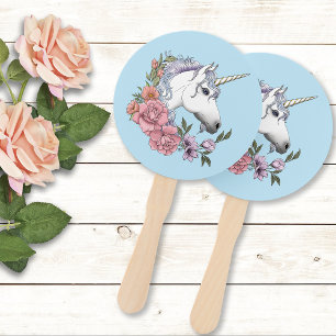 white Unicorn Pink Flowers Blue Hand Fan