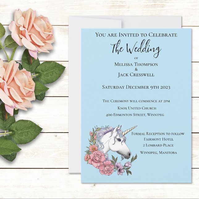 White Unicorn Pink Flowers Blue Invitation (Creator Uploaded)