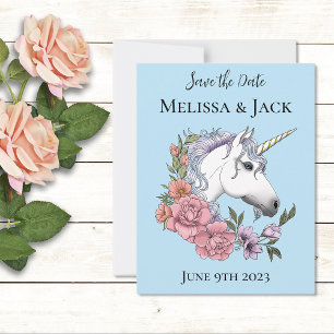 White Unicorn Pink Flowers Blue Save The Date