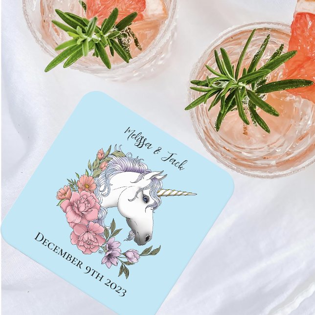 White Unicorn Pink Flowers Blue Square Paper Coaster (Creator Uploaded)