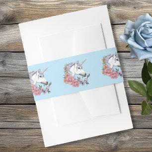 White unicorn Pink Flowers Blue Wedding Invitation Belly Band