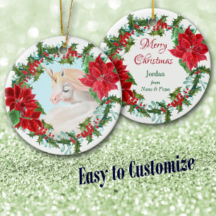 White Unicorn Poinsettia Holly Wreath Ceramic Ornament