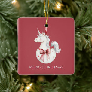 White Unicorn Red Bow Christmas Ceramic Ornament
