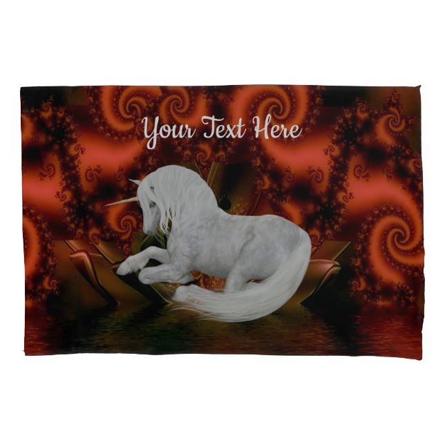 White Unicorn Red Fractal Fantasy Horse  Pillowcase (Front)
