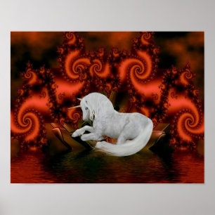 White Unicorn Red Fractals Fantasy Horse Art Poster