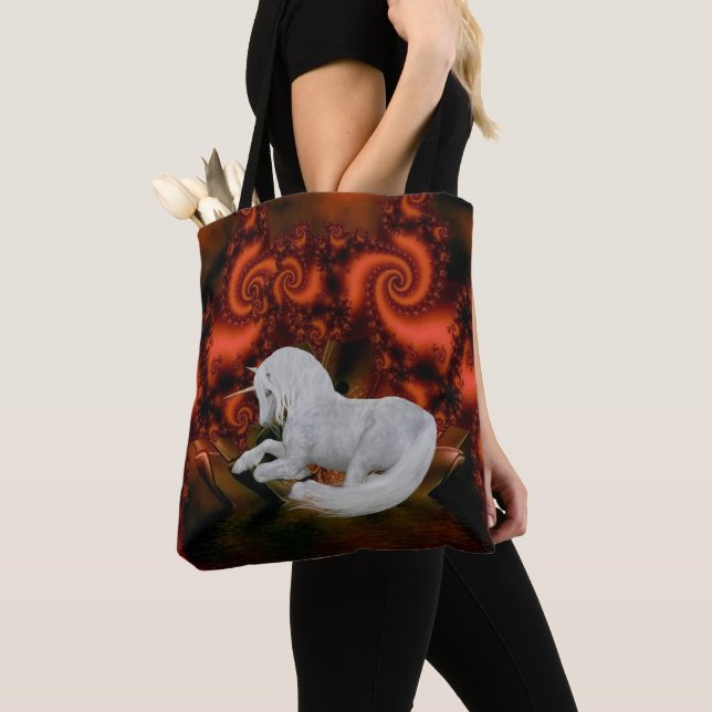 White Unicorn Red Fractals Fantasy Horse Art Tote Bag (Close Up)