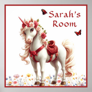 White Unicorn Red Saddle Roses Red Butterflies Poster