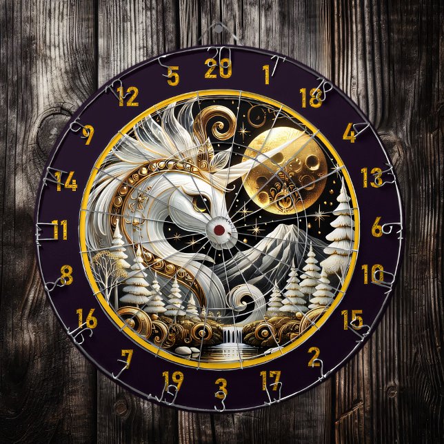 White Unicorn Shines Beneath Golden Moon Dartboard (Creator Uploaded)