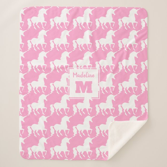 White Unicorn Silhouette Pattern Pink Personalized Sherpa Blanket (Front)
