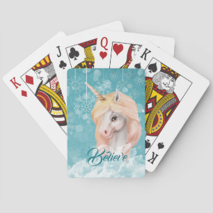 White Unicorn Teal Snowflake Believe Playing Cards