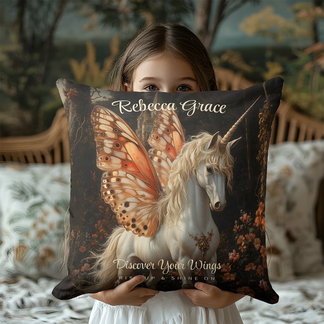 White Unicorn With Orange Butterfly Wings Fairy Throw Pillow (Creator Uploaded)