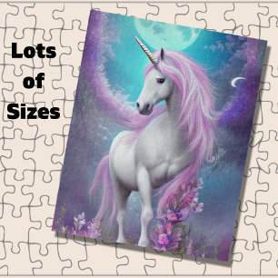 White Unicorn with Purple Flowers & Moon Jigsaw Puzzle