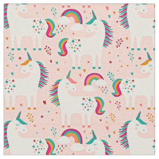 White Unicorn with Rainbow on Pink Fabric