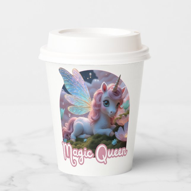 White unicorn with wings - Magic Queen Paper Cups (Front)