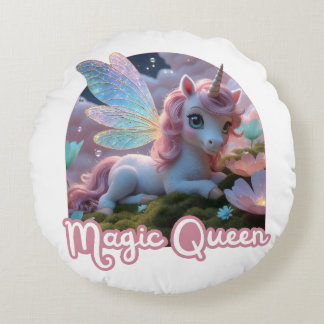 White unicorn with wings - Magic Queen Round Pillow