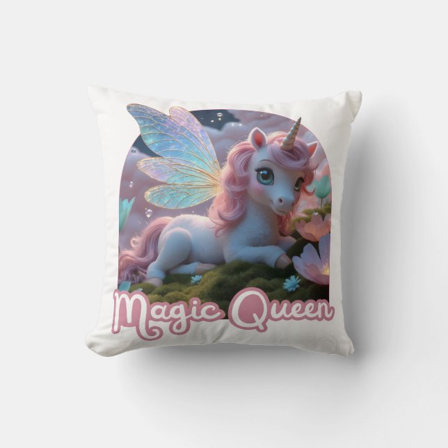 White Unicorn with Wings - Magic Queen Throw Pillow (Front)
