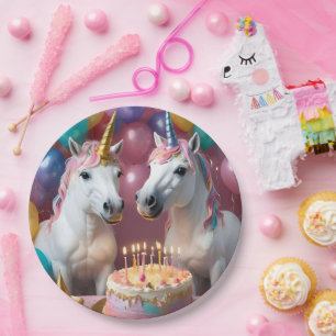 White Unicorns Celebrating Their Birthday, Paper Plate